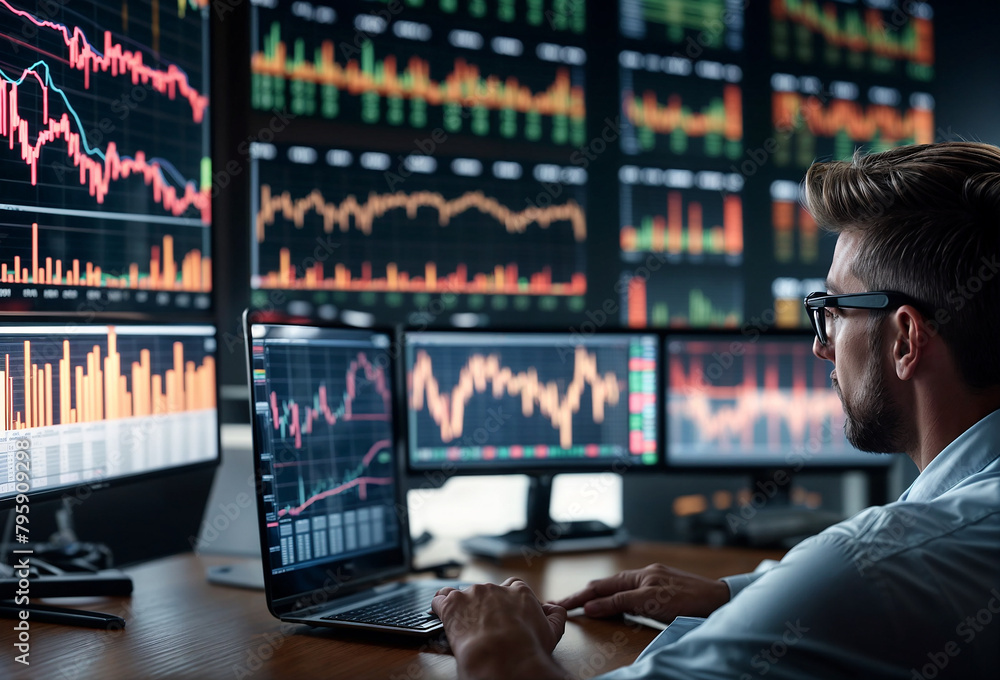 Poster a man sits at a table on which there are monitors with sales charts on stock exchanges