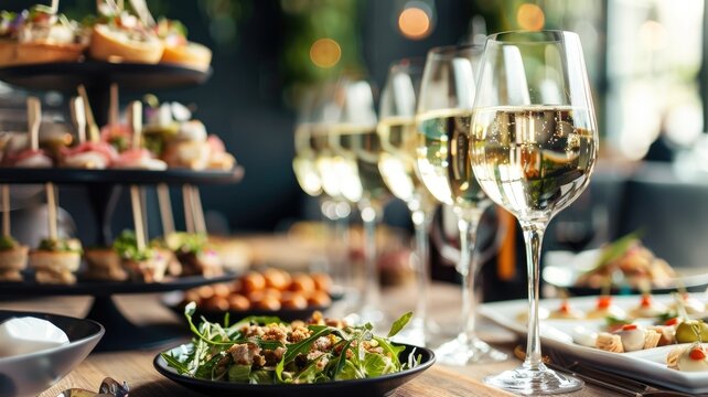 Elegant dining setup with wine and appetizers