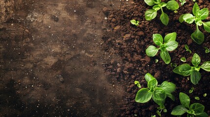 Fresh green seedlings growing in fertile soil with copy space