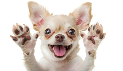 Chihuahua dog smiling and waving with two paws on white background