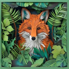 Fototapeta premium A curious fox peeks through a vibrant, handcrafted paper cut forest, its orange fur contrasting sharply with the layered green foliage