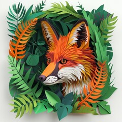Fototapeta premium A curious fox peeks through a vibrant, handcrafted paper cut forest, its orange fur contrasting sharply with the layered green foliage