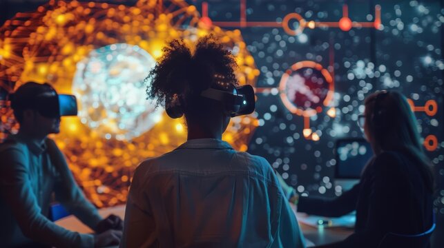 A dynamic group brainstorm session visualized through augmented reality, enhancing creative solutions and team success, business concept