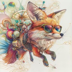 Fototapeta premium A pencildrawn fox wearing spectacles invents a whimsical flying machine, sketched in vivid colored pencil drawings