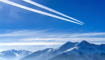Airplanes and contrails. Blue sky background. A single contrail.
