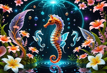Futuristic blue low poly sea horse wings Crystal Transparent seahorse Glowing Background A Futuristic Journey Through a Blue Low Poly Realm with Crystal Clarity and Transcendent Glows