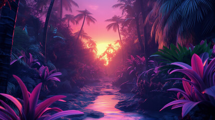Fototapeta na wymiar Sunset on the beach with neon color style look, Illustration. 