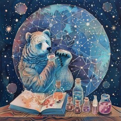 A scientist bear mixes magical potions under the starry sky, illustrated with dreamy pastels and a soft paper cut technique