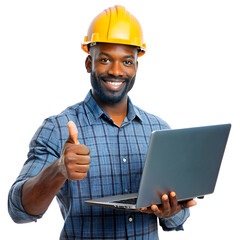  Engineer black man holding a laptop and thumbs up  on the transparent background.
