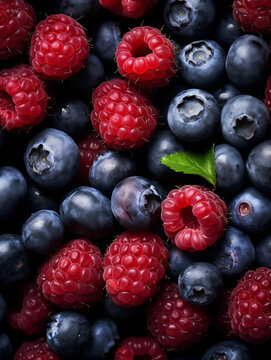 Lots of fresh blueberries ,fresh raspberries