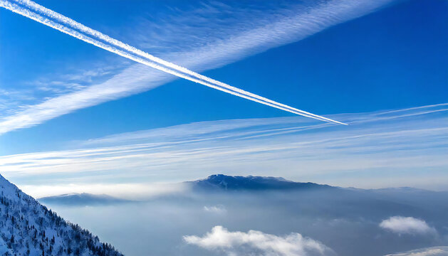 飛行機と飛行機雲。青空の背景。一筋の飛行機雲。Airplanes and contrails. Blue sky background. A single contrail.
