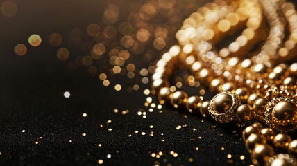 Elegant gold jewelry with sparkling bokeh on dark background