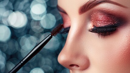Close-up of person applying mascara to eyelashes, showcasing makeup and beauty routine