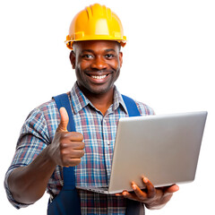  Engineer black man holding a laptop and thumbs up  on the transparent background.
