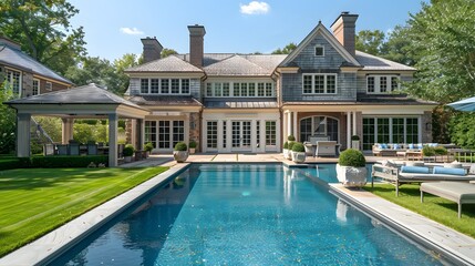 Fototapeta premium In the exclusive Hamptons, New York, a Mediterranean-inspired villa boasts a sprawling garden, private beach access, an outdoor pool, and a manicured lawn.