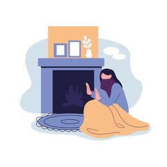woman warming herself in front of the fireplace flat illustration