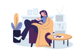 women reading book in winter at home flat style illustration vector design