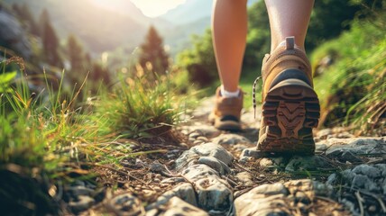 Close-up of hiking boots on rocky trail with lush greenery