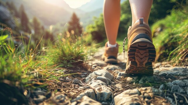 Close-up of hiking boots on rocky trail with lush greenery