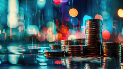 Stacks of coins on glossy surface with colorful bokeh lights and blurred background