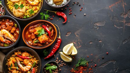 Various spicy dishes showcased on dark background with bright ingredients