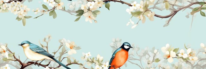 Birds and blossoming branch wallpaper design - A beautiful wallpaper design featuring birds perched on a blossoming branch, depicted in a soft and calming color palette