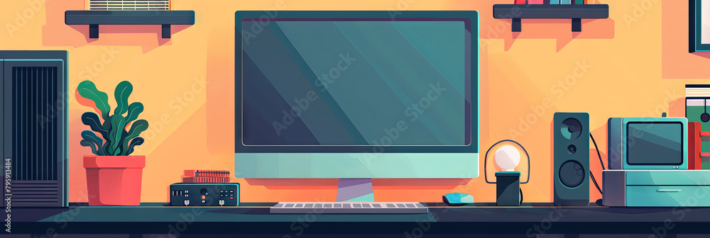 Poster retro styled illustration of a desktop setup - a colorful illustration presenting a retro-style desk