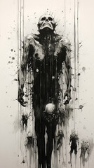Dark monochrome figure dripping with ink textures - A deeply impactful artwork featuring a shadowy human figure dissolving into drips and splatters of ink, connoting transformation