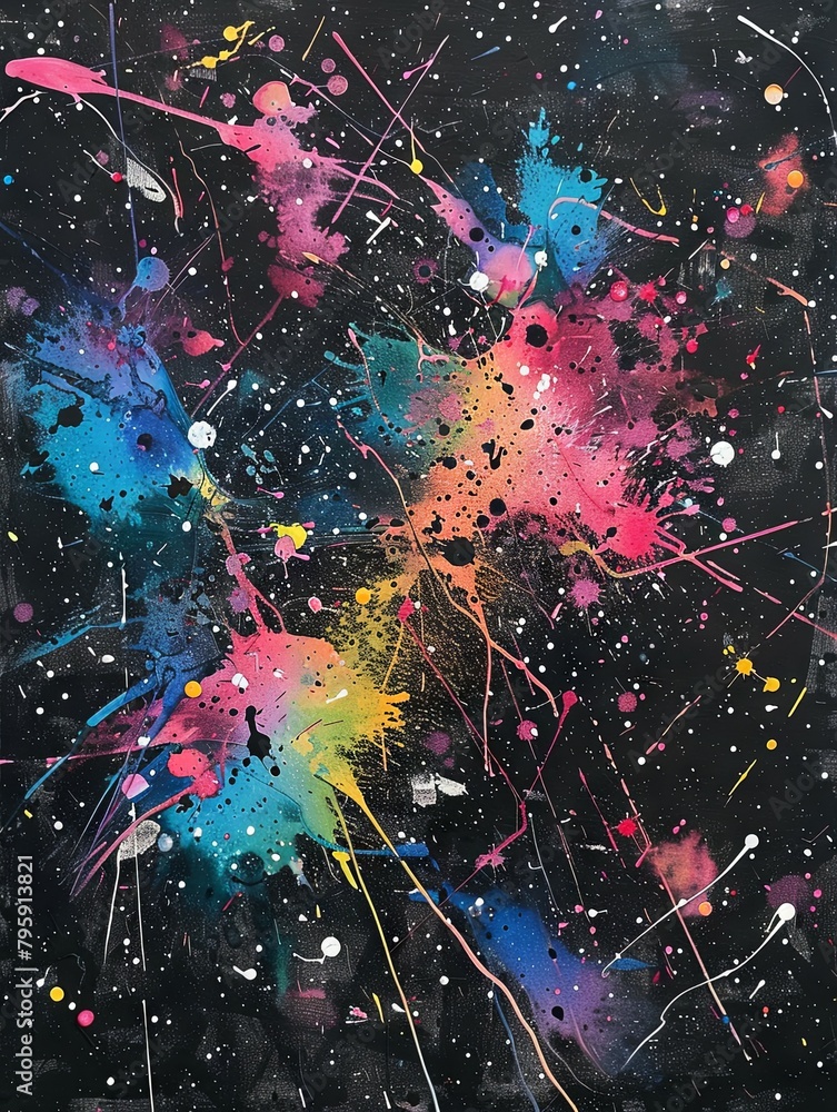 Poster abstract colorful paint splashes on black - a dynamic abstract painting featuring a myriad of vibran
