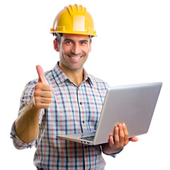  Engineer white man holding a laptop and thumbs up  on the transparent background.
