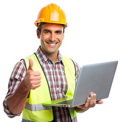  Engineer white man holding a laptop and thumbs up  on the transparent background.
