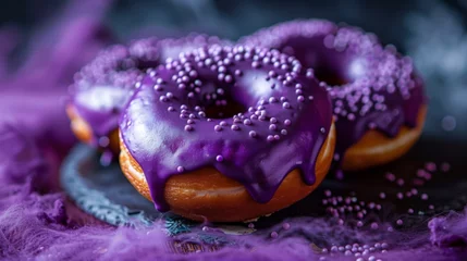 Gordijnen Plate of purple sprinkle donuts © 2rogan