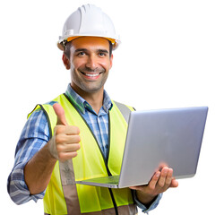  Engineer white man holding a laptop and thumbs up  on the transparent background.
