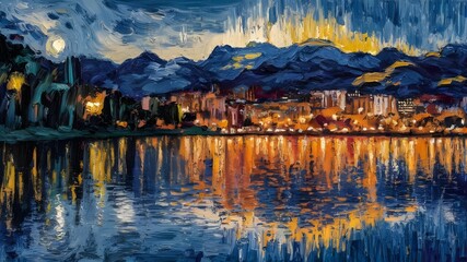 Contemporary oil painting of mountains with a lake below. Bright colors and bold brushstrokes create lively textures