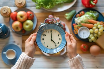 A woman is holding a clock on the plate for the intermediate fasting time to eat  The clock is...