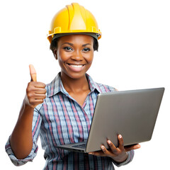 Engineer black woman holding a laptop and thumbs up  on the transparent background.
 