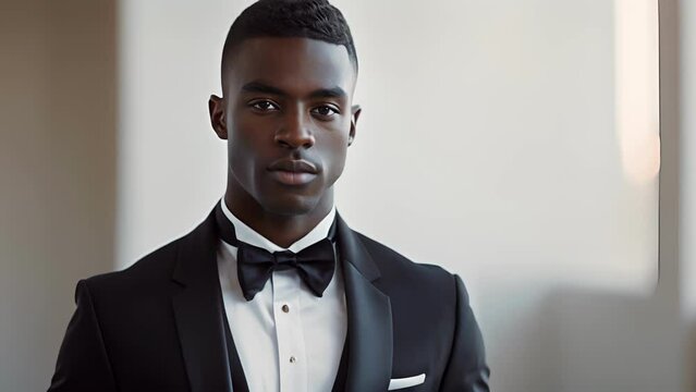 The smoldering gaze of a black man in a perfectly tailored tuxedo exudes a commanding presence. Yet this traditional male attire becomes a symbol of feminine allure as he stands tall .