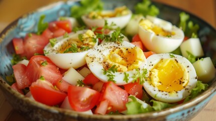 Bowl of Salad with Hard Boiled Eggs and Tomatoes