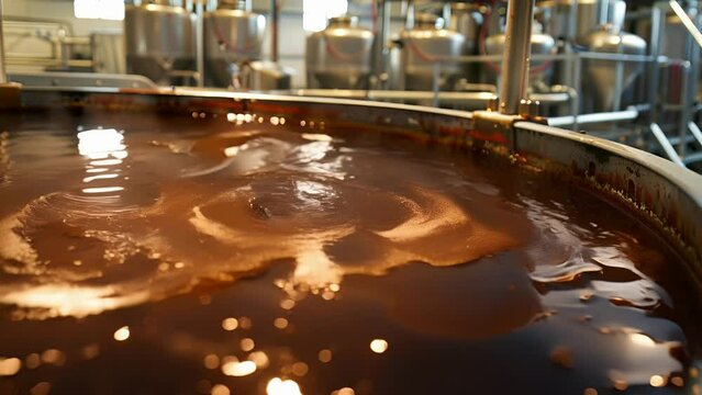 Next the liquid is transferred to a large vat where it is mixed with other ingredients and allowed to ferment. .