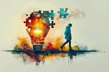 Eager Innovation: Puzzle Light Bulb and Motivated Character Illustration
