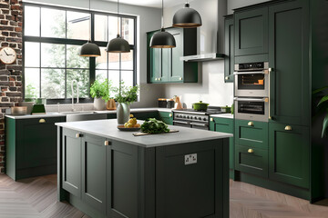 Contemporary modern kitchen interior in dark green colors and concrete elements.