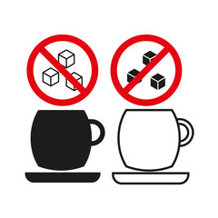 No sugar in coffee sign. Sweetener forbidden with beverages. Sugar cubes prohibition icon. Vector illustration. EPS 10.