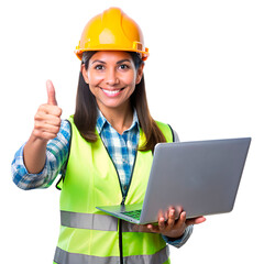 Engineer latin woman holding a laptop and thumbs up  on the transparent background.
 