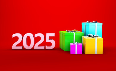 New Year 2025 Creative Design Concept  with Gift boxes - 3D Rendered Image	
