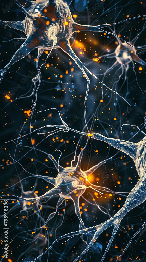 Poster glowing synaptic connections with fireflies - an artistic interpretation of neuron synapses bustling