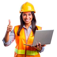 Engineer latin woman holding a laptop and thumbs up  on the transparent background.
 