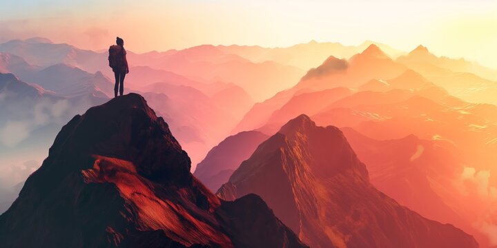 Person standing on a cliff edge with foggy mountains in the background at sunrise. Freedom and travel concept. Ambition aspiration success high achievement determination motivation concept