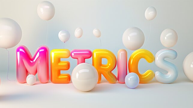 3D rendered balloons forming 'METRICS' with multicolor gradient. Data analysis and performance concept. Design for educational and business graphics - minimalistic poster design