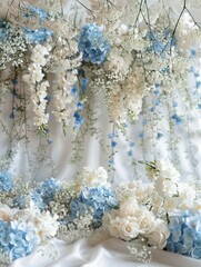 Elegant floral arrangement on silk fabric - Exquisite floral arrangement of white and blue flowers scattered on delicate silk fabric for luxurious events