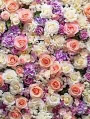 Lush floral arrangement with colorful roses - Lively and colorful floral backdrop featuring assorted roses and complementary flowers
